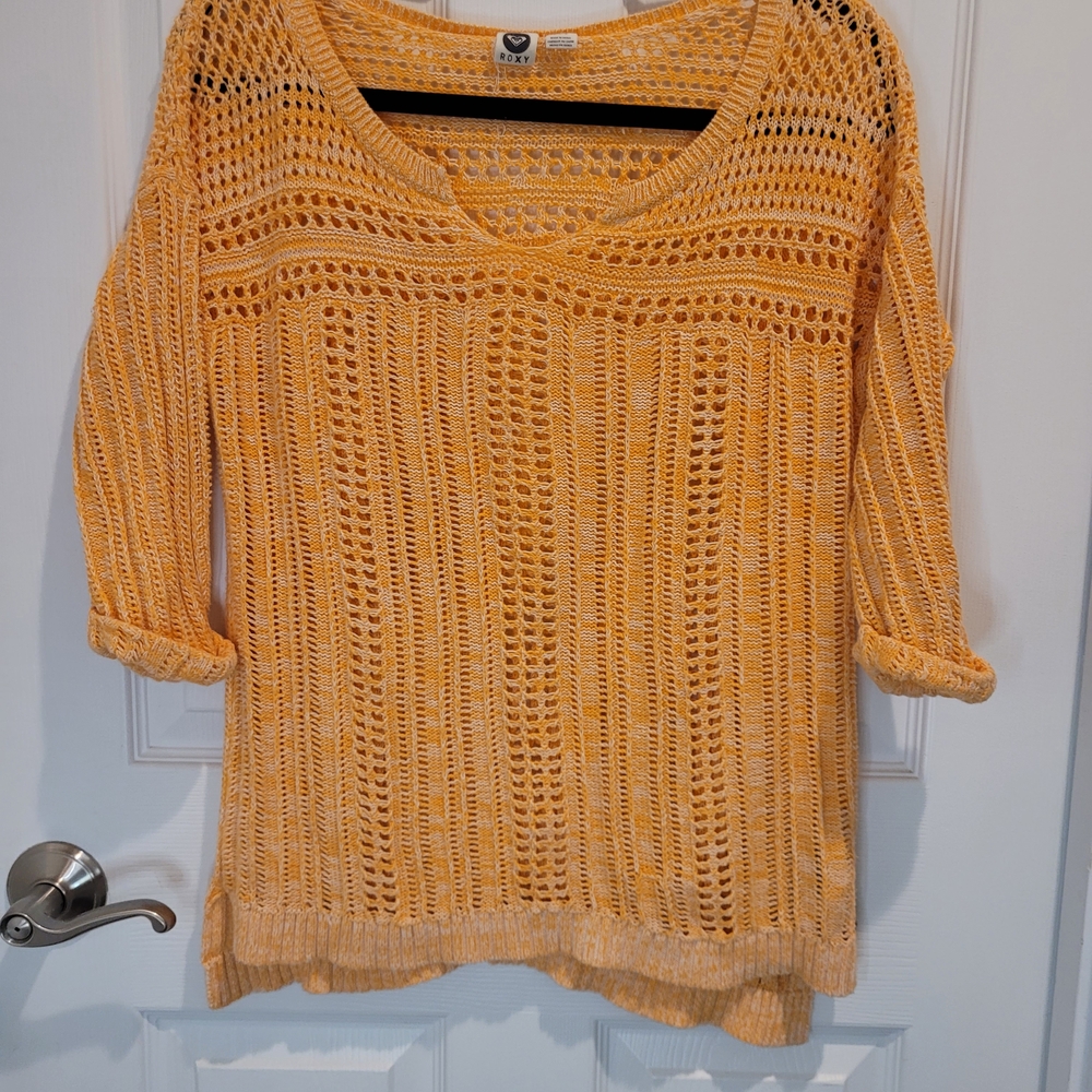 Roxy Crochet Crewneck Sweater Cantaloupe Color 3/4 Sleeve Sz Large